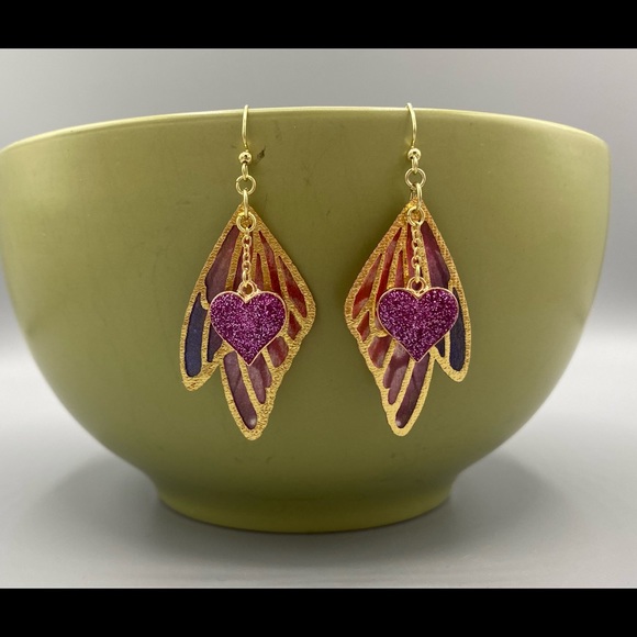 Hand Crafted Jewelry - Butterfly Wing & Heart Earrings